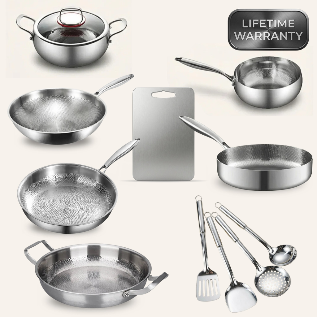 Complete cookware set featuring pots, pans, utensils, and a cutting board for everyday cooking, meal preparation, and versatile kitchen use.