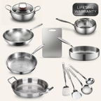 Complete cookware set featuring pots, pans, utensils, and a cutting board for everyday cooking, meal preparation, and versatile kitchen use.