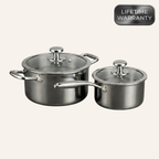 Deep cooking pot with lid for soups, sauces, stews, and everyday meal preparation on all cooktops including induction.