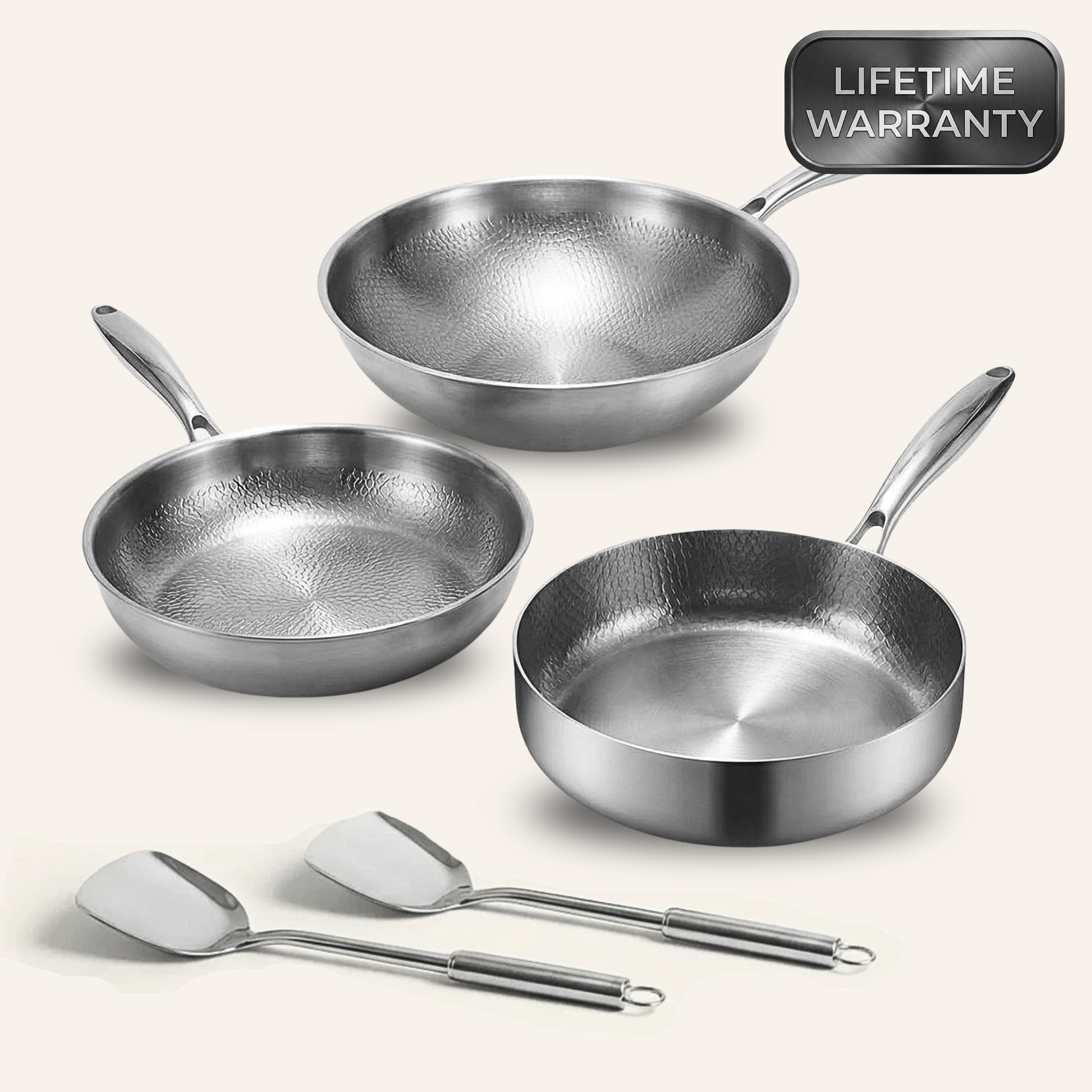 Cookware set with a wok pan, frying pan, high pan, and cooking flippers for frying, stir-frying, sautéing, and everyday meal preparation.