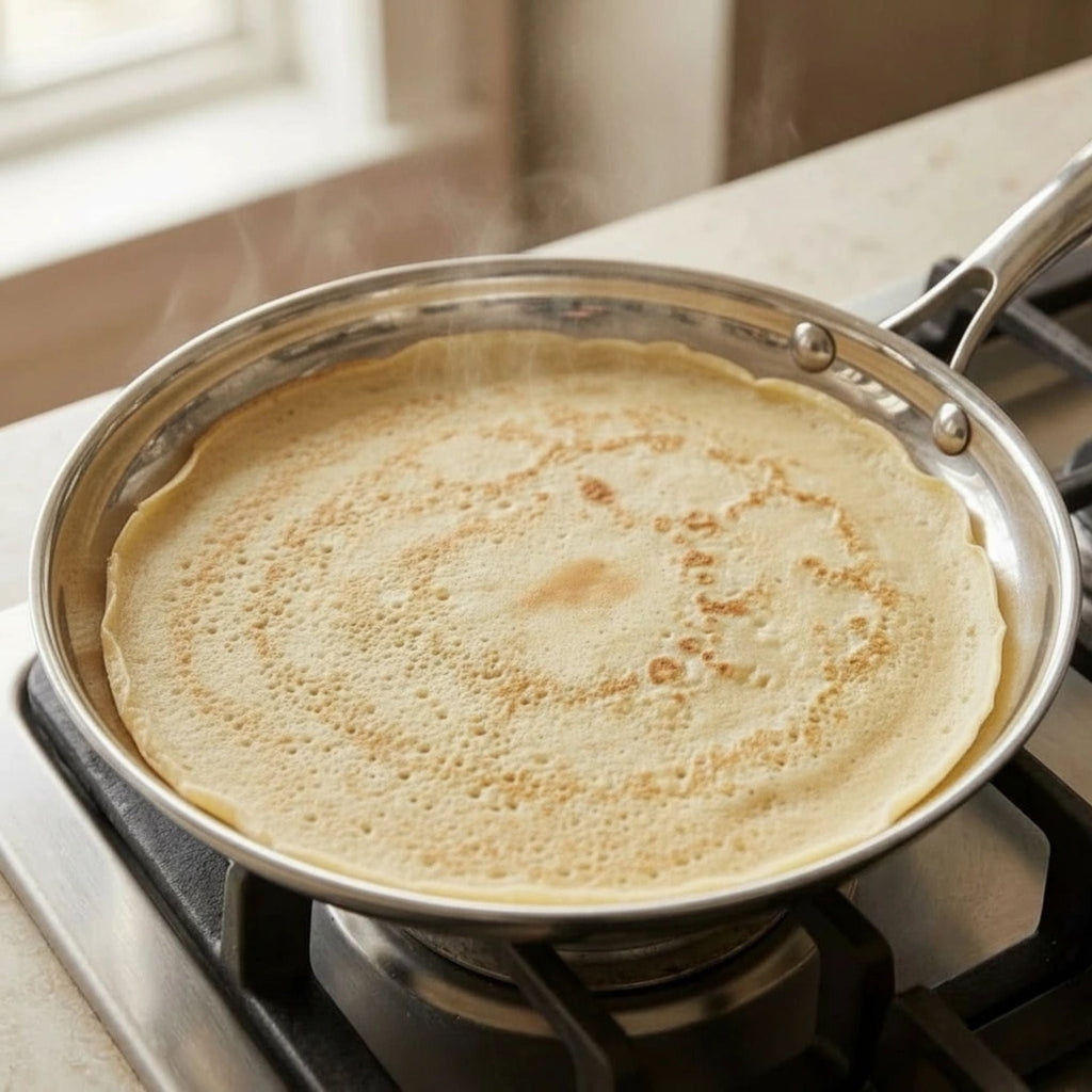 Crêpe pan with honeycomb surface and low-profile design, ideal for making crêpes, pancakes, and eggs on all cooktops including induction.