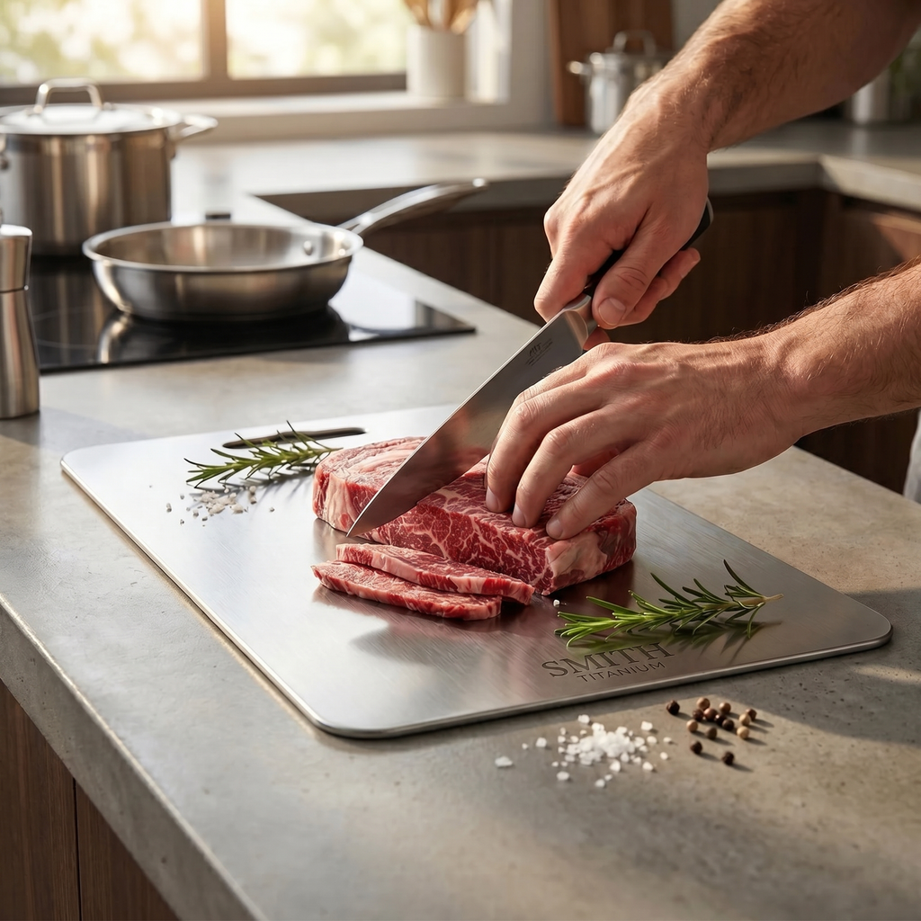 Cutting board with a non-porous surface, odor-resistant design, and dishwasher-safe construction for everyday food preparation.