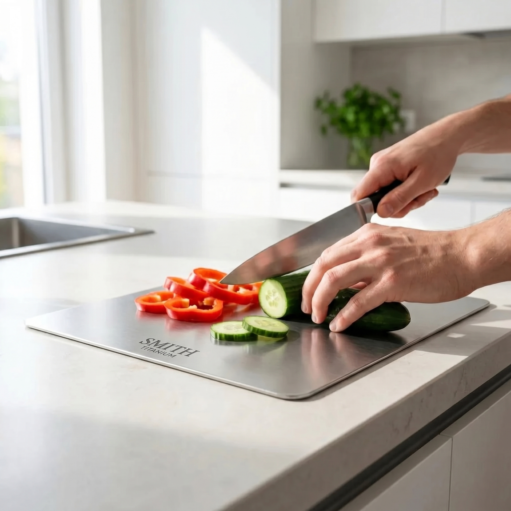 Cutting board with a non-porous surface, odor-resistant design, and dishwasher-safe construction for everyday food preparation.
