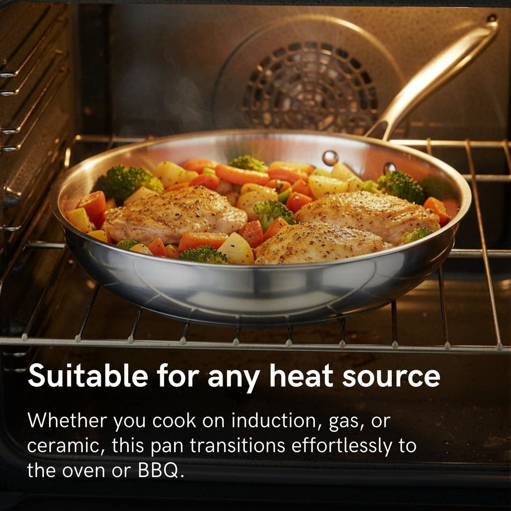 Deep cooking pan with high sidewalls and natural nonstick surface, suitable for sautéing, simmering, braising, and frying on all cooktops.