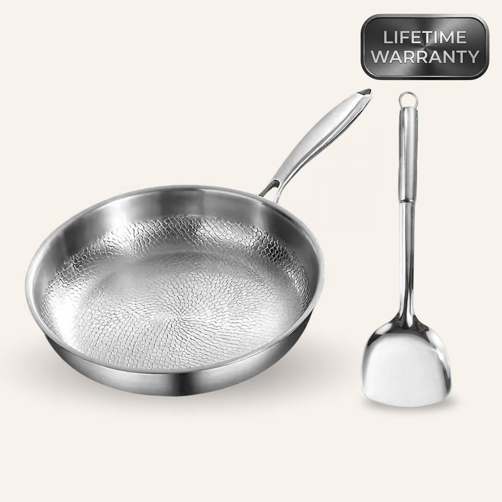 Frying pan and spatula set featuring a hammered cooking surface and flexible spatula for frying, flipping, and everyday meal preparation.