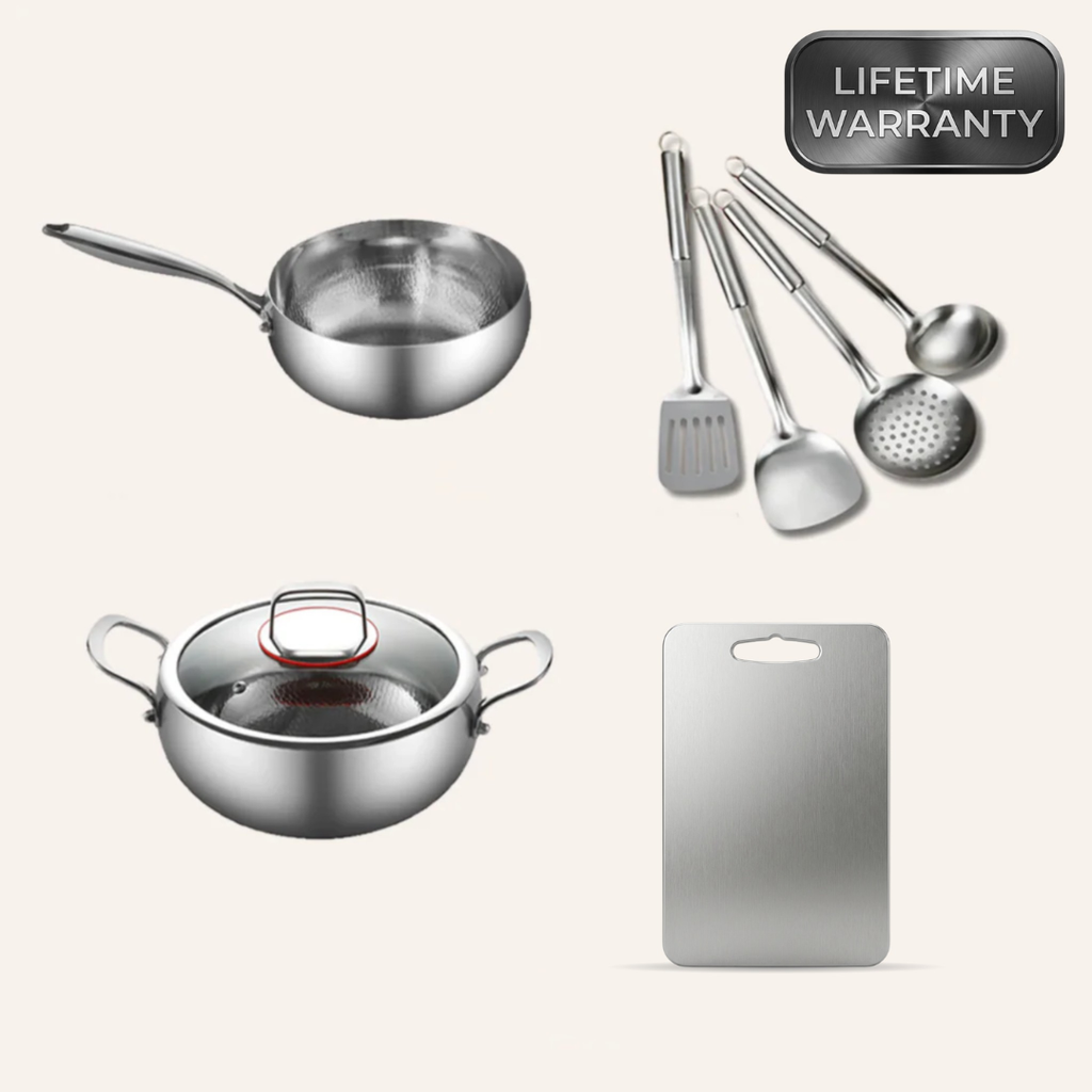Kitchen essentials set featuring pots, utensils, and a cutting board for meal preparation, cooking, and everyday kitchen tasks.