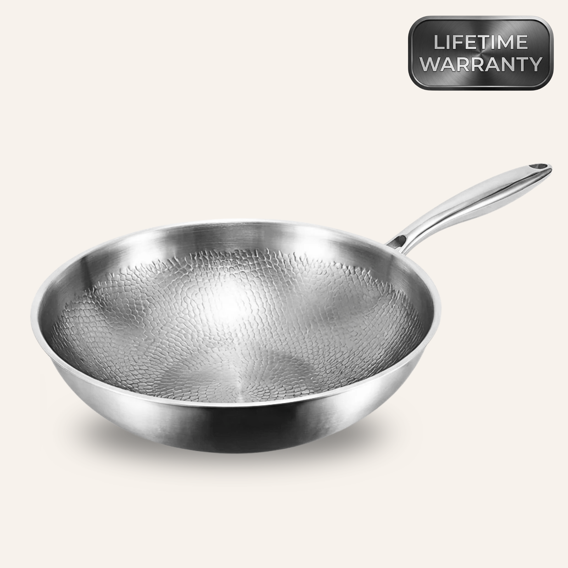 Professional wok pan with a flat bottom design, suitable for stir-frying, searing, and high-heat cooking on all cooktops including induction.