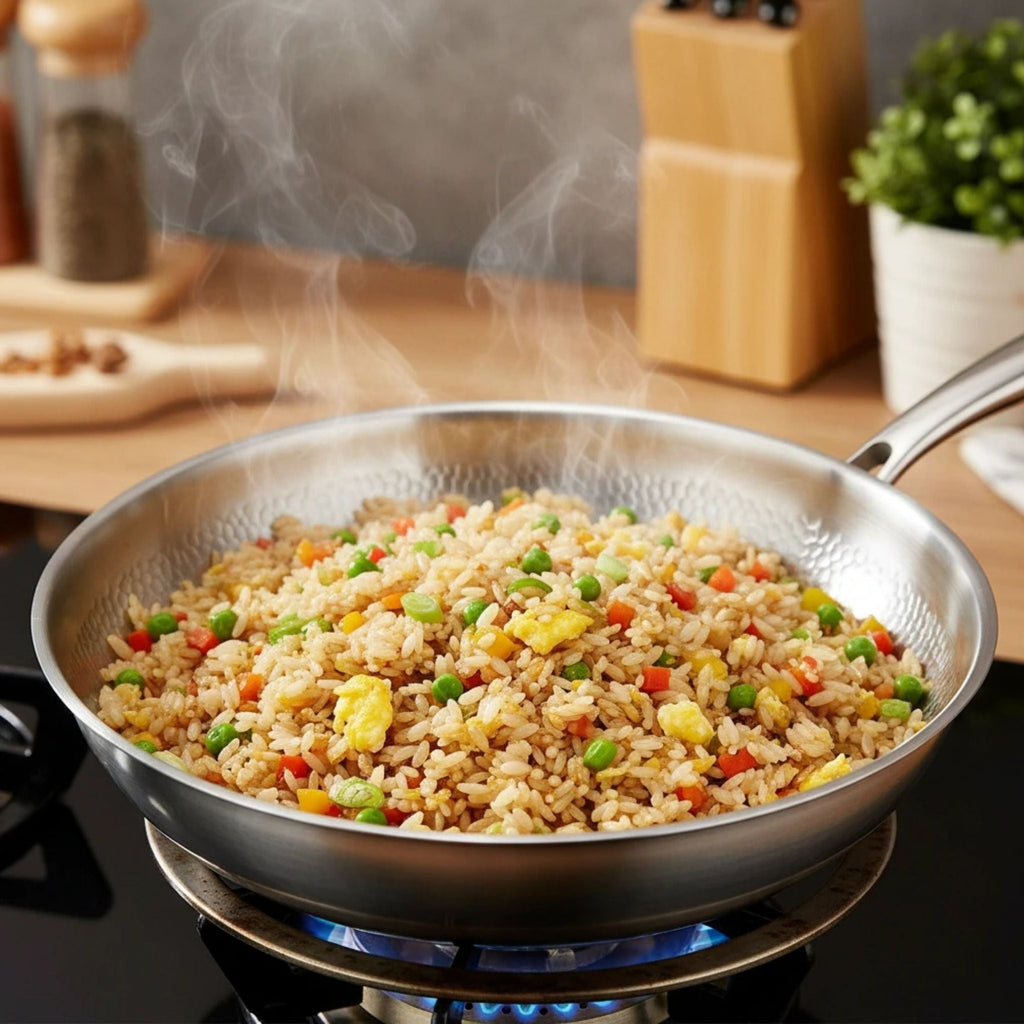 Professional wok pan with a flat bottom design, suitable for stir-frying, searing, and high-heat cooking on all cooktops including induction.
