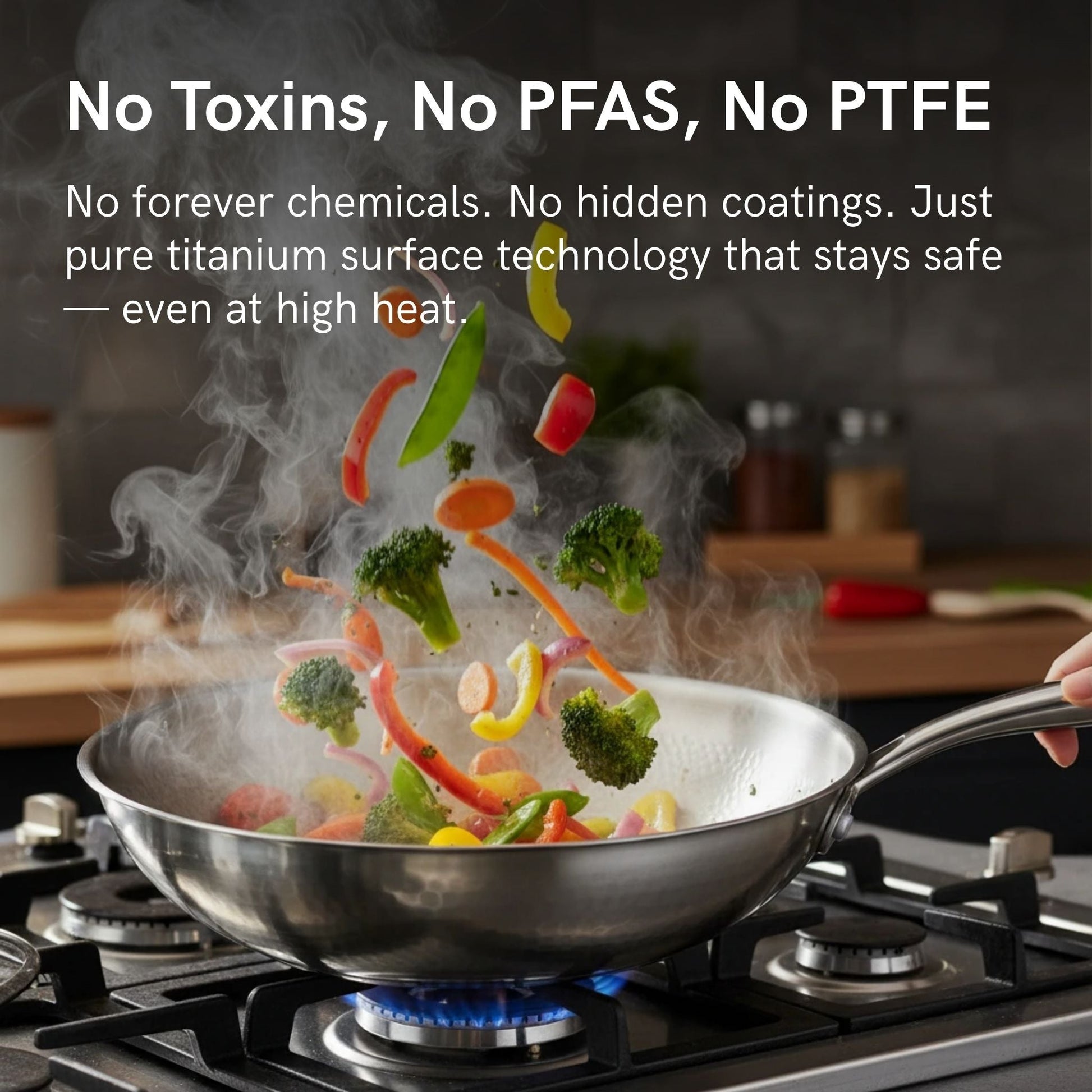 Professional wok pan with a flat bottom design, suitable for stir-frying, searing, and high-heat cooking on all cooktops including induction.