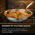 Professional wok pan with a flat bottom design, suitable for stir-frying, searing, and high-heat cooking on all cooktops including induction.