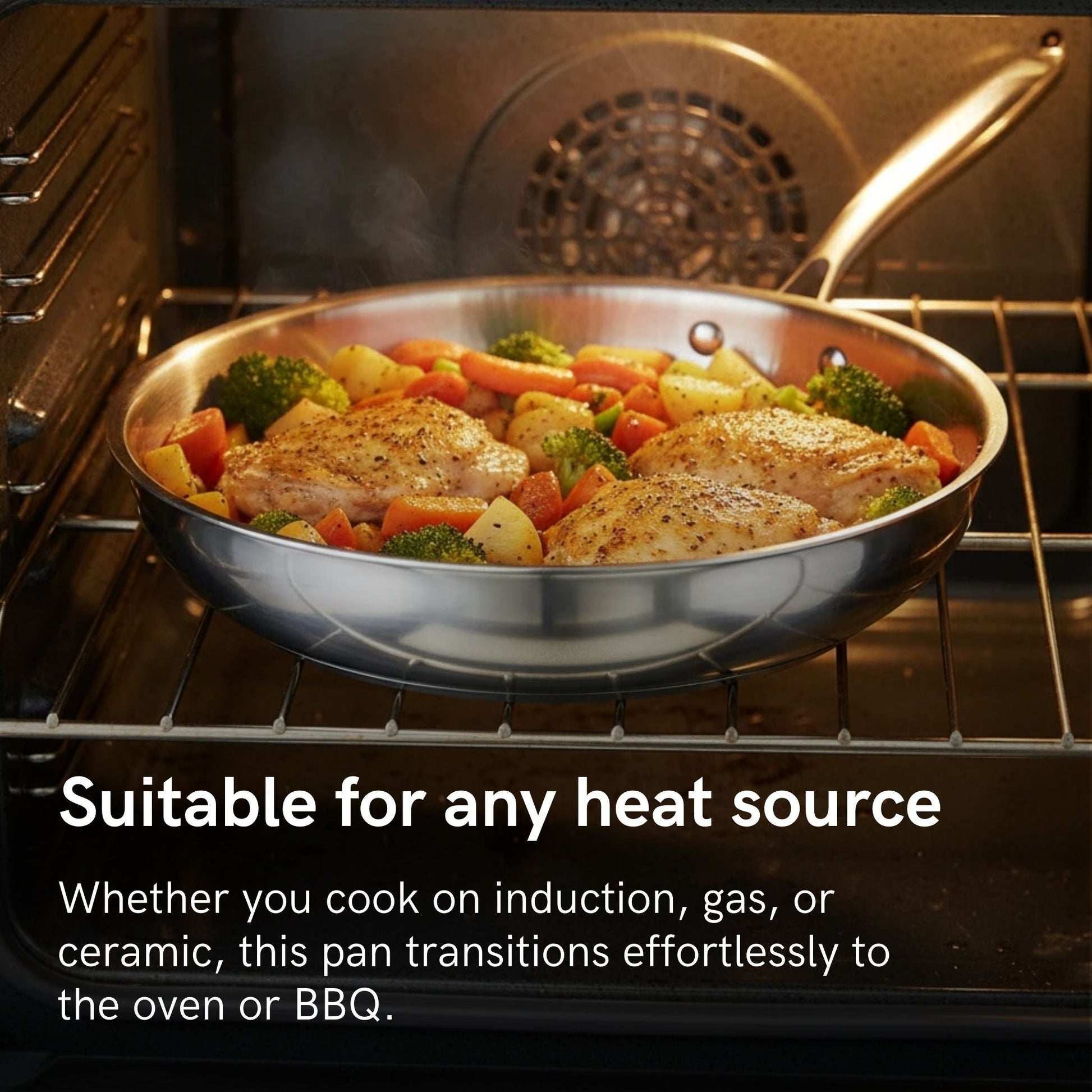 Professional wok pan with a flat bottom design, suitable for stir-frying, searing, and high-heat cooking on all cooktops including induction.