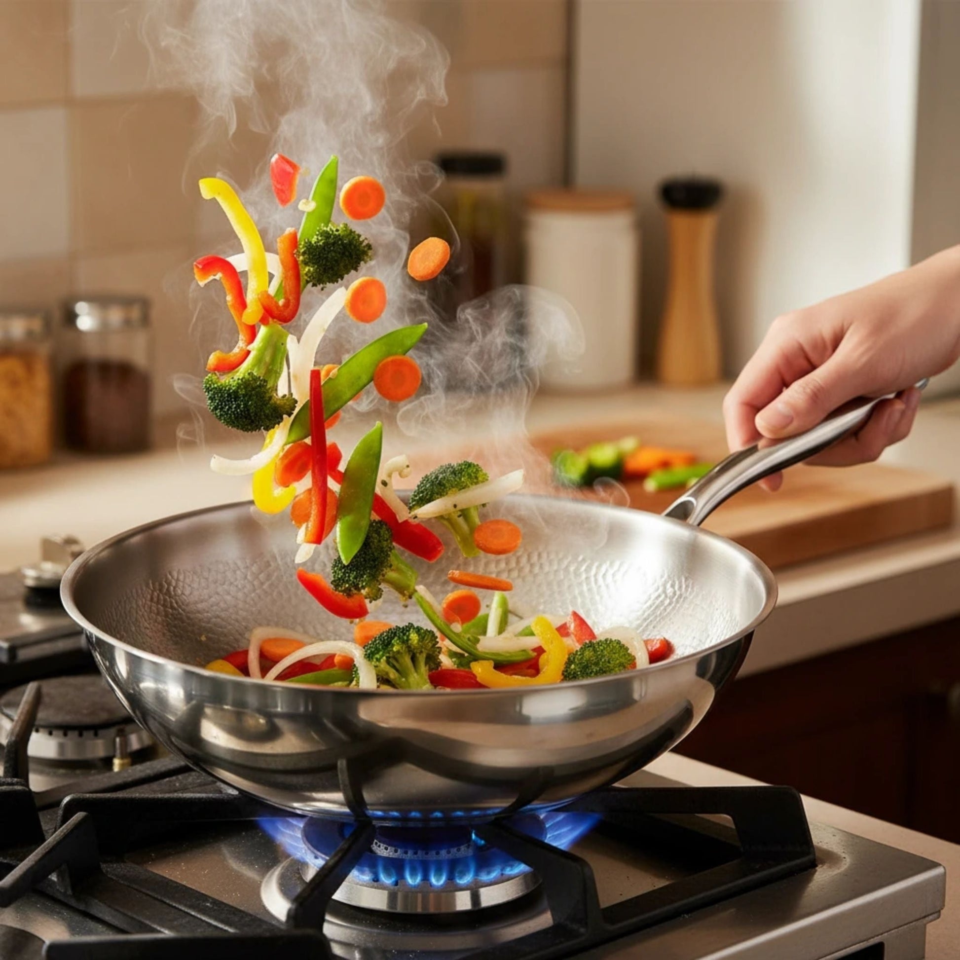 Professional wok pan with a flat bottom design, suitable for stir-frying, searing, and high-heat cooking on all cooktops including induction.