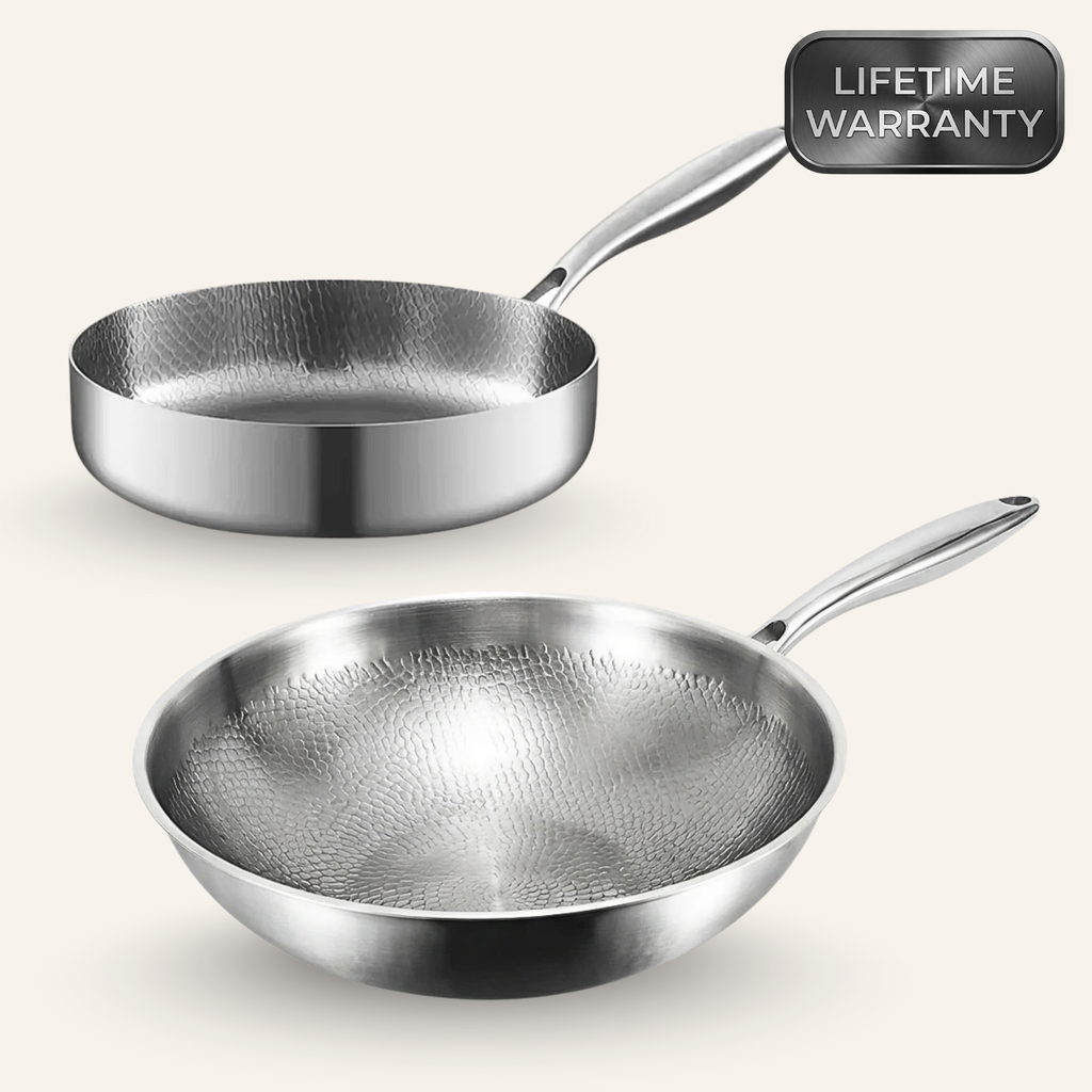 Wok and deep pan cooking set with a flat-bottom wok and deep-sided pan, suitable for stir-frying, braising, sautéing, and everyday cooking.