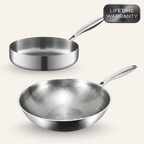 Wok and deep pan cooking set with a flat-bottom wok and deep-sided pan, suitable for stir-frying, braising, sautéing, and everyday cooking.